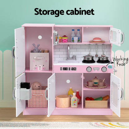 Keezi 80cm Kids Wooden Pretend Kitchen Set – Pink Play Cooking Toy with Oven, Pot & Blackboard