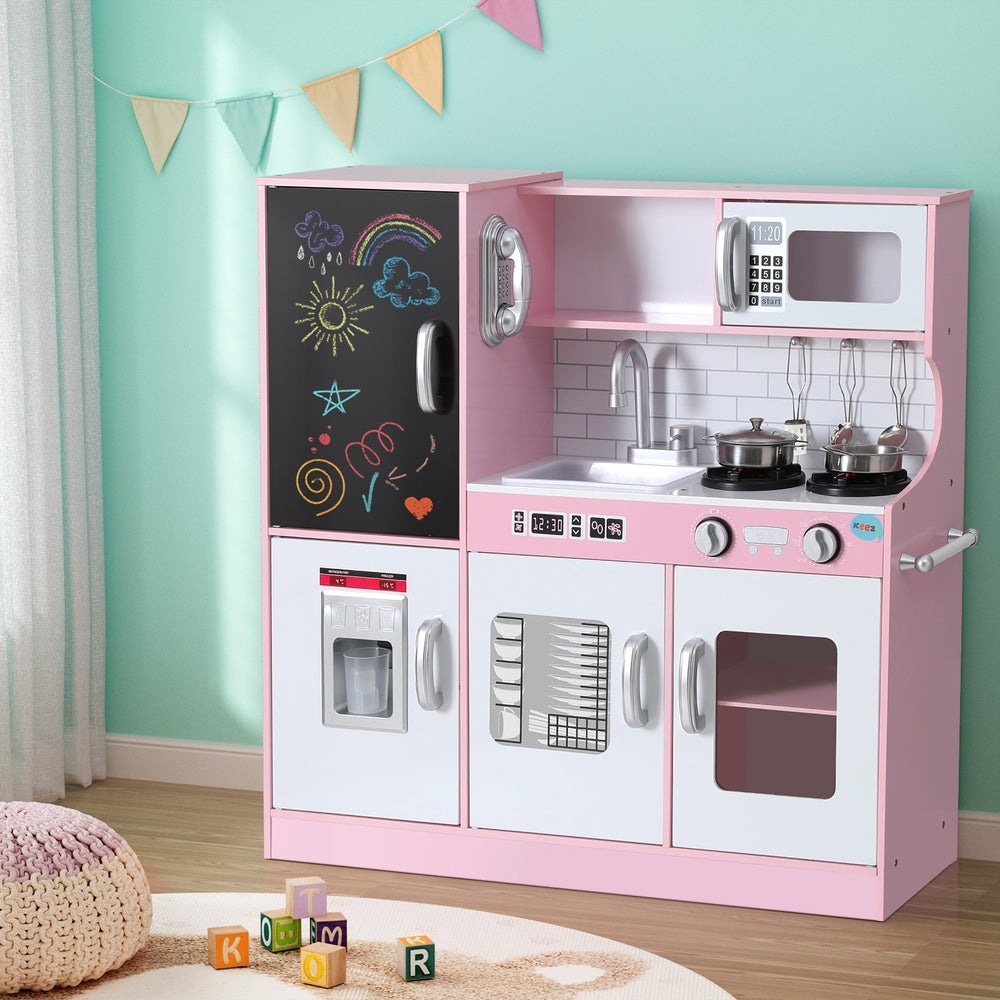 Keezi 80cm Kids Wooden Pretend Kitchen Set – Pink Play Cooking Toy with Oven, Pot & Blackboard