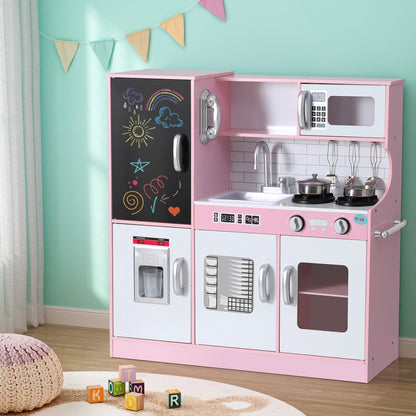 Keezi 80cm Kids Wooden Pretend Kitchen Set – Pink Play Cooking Toy with Oven, Pot & Blackboard