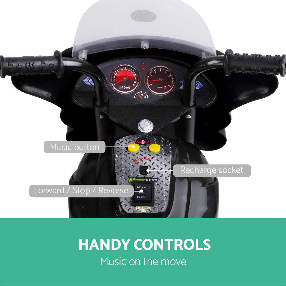 Rigo 6V Kids Electric Police Motorcycle – Black Ride-On Motorbike with Sirens & Lights