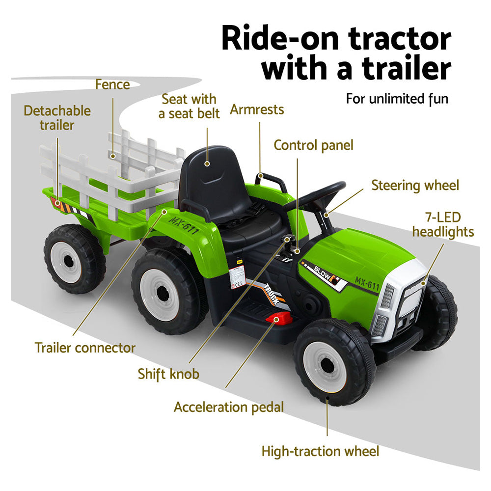 Rigo 12V Kids Electric Ride-On Tractor – Green Toy Car with Remote Control