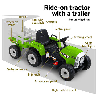 Rigo 12V Kids Electric Ride-On Tractor – Green Toy Car with Remote Control