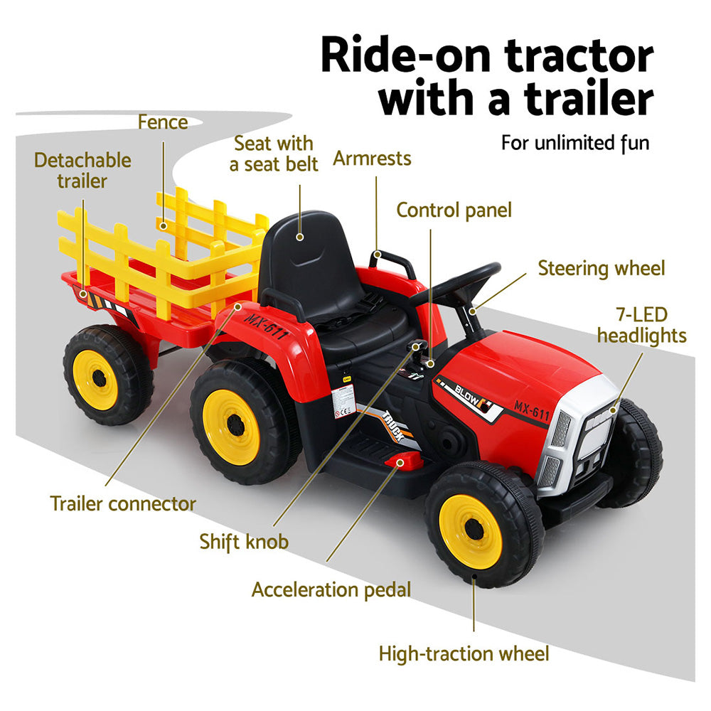 Rigo 12V Kids Electric Ride-On Tractor – Red Toy Car with Remote Control