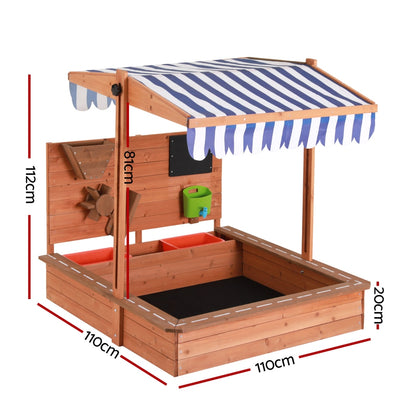 Keezi Kids Wooden Sandpit – 110cm Outdoor Sandbox with Canopy, Cover & Funnel