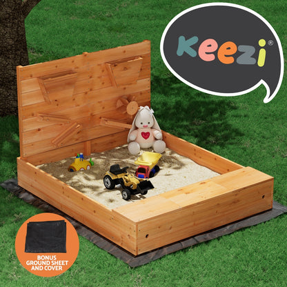 Keezi 120cm Kids Wooden Sandpit – Outdoor Sandbox with Cover & Funnel