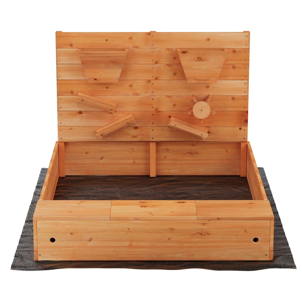 Keezi 120cm Kids Wooden Sandpit – Outdoor Sandbox with Cover & Funnel