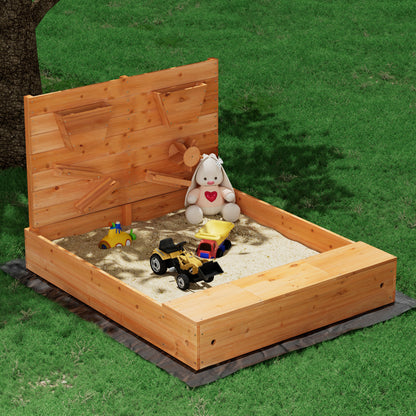 Keezi 120cm Kids Wooden Sandpit – Outdoor Sandbox with Cover & Funnel
