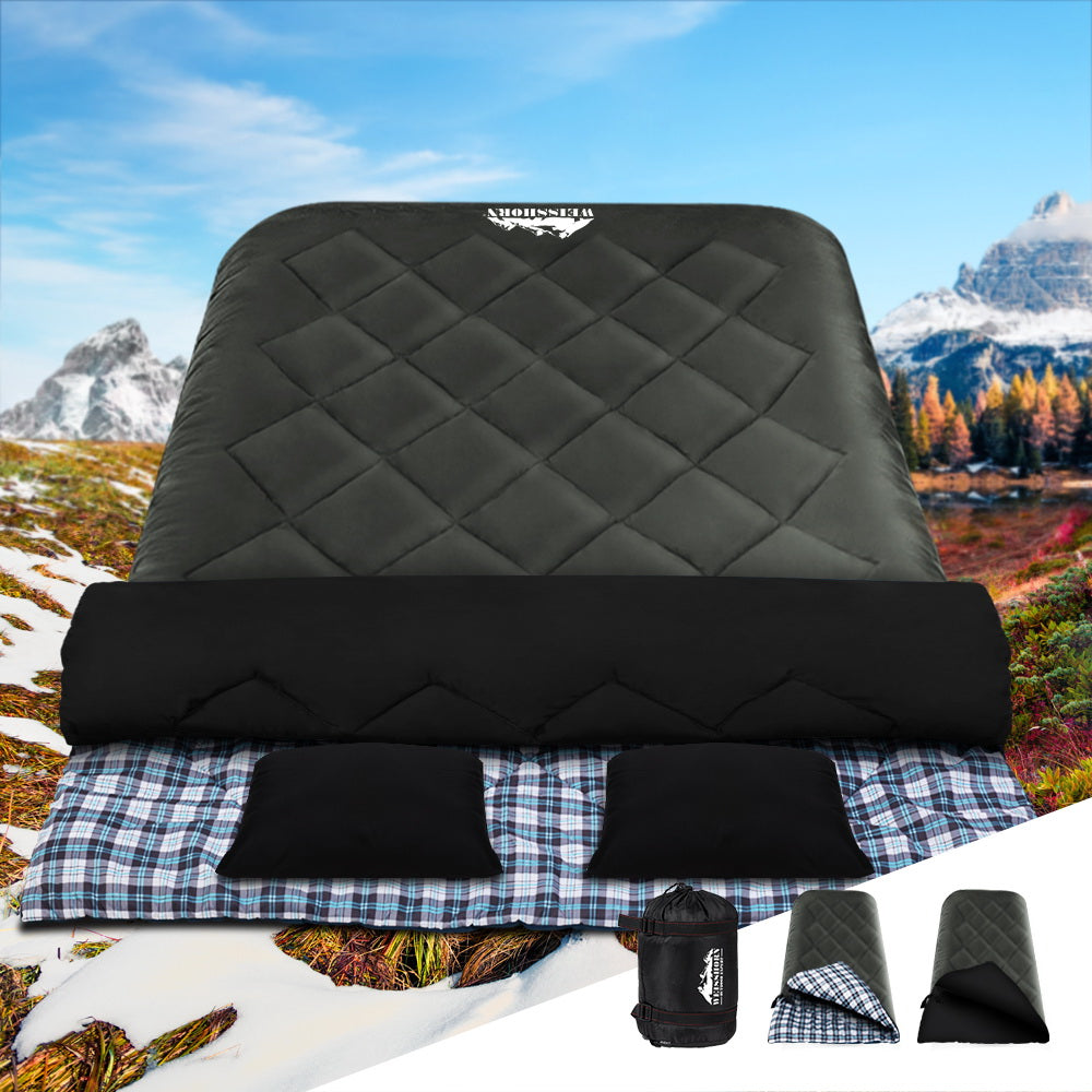 Weisshorn Double Sleeping Bag -10°C with Pillows – Thermal Camping & Hiking Sack (Grey)