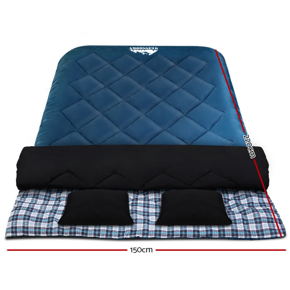 Weisshorn Double Sleeping Bag – Thermal -10°C Camping Bag with Pillows (Blue)