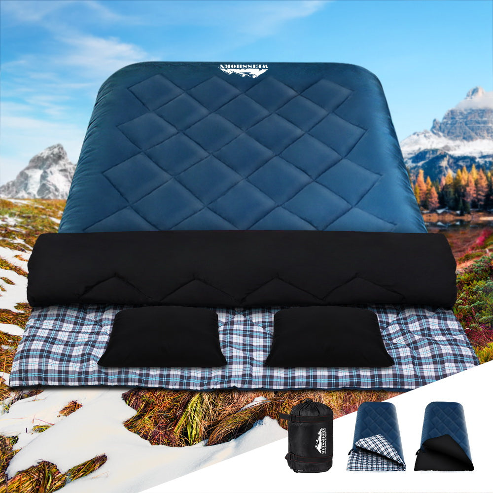 Weisshorn Double Sleeping Bag – Thermal -10°C Camping Bag with Pillows (Blue)