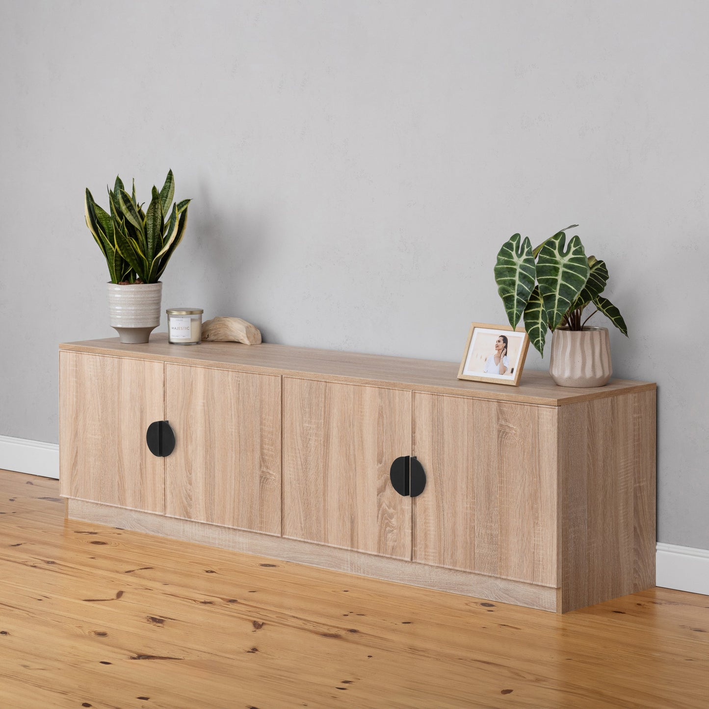 BUCHAREST TV UNIT- NATURAL OAK - SLIM - HALF MOON BLACK