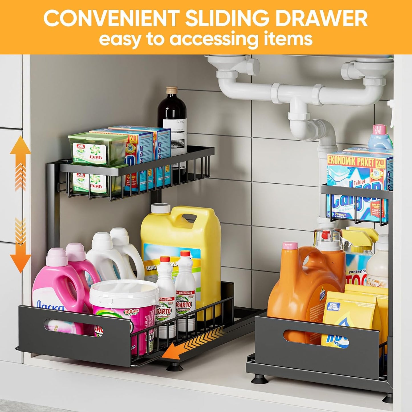 CARLA HOME 2 Pack Under Sink Organiser with Sliding Drawers for Kitchen & Bathroom
