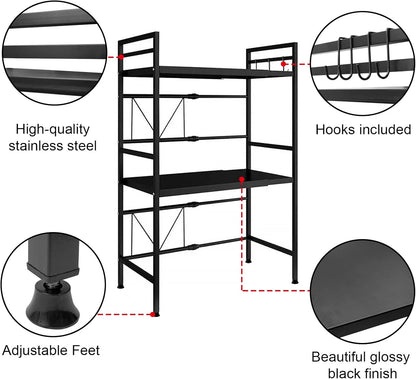CARLA HOME 3-Tier Microwave Oven Rack with Adjustable Metal Kitchen Shelf Stand for Countertop Storage and 6 Hooks for Utensils