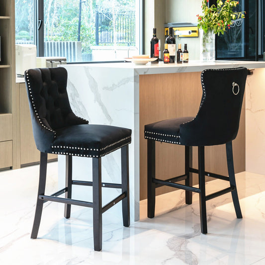 Braneit™ Set of 2 Velvet Bar Stools – Tufted Dining Chairs with Stud Trim & Wooden Legs