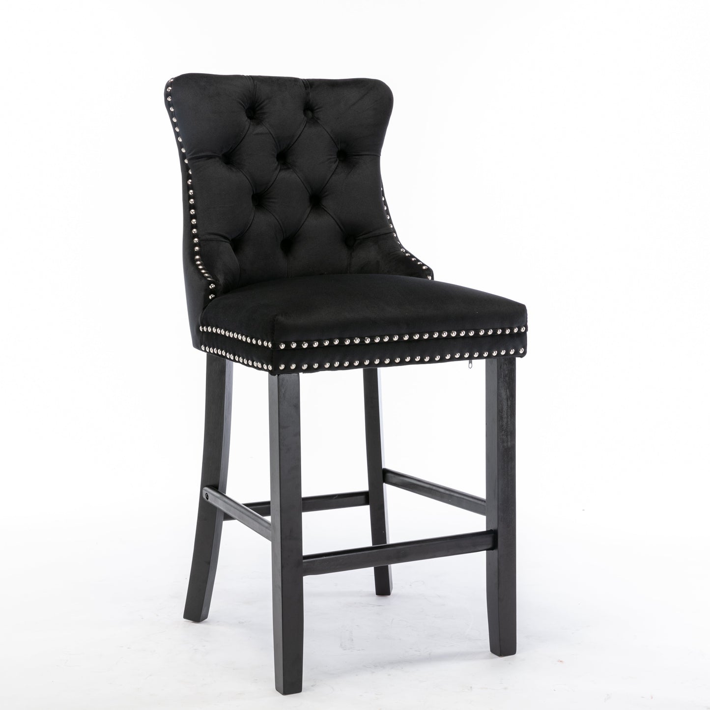 Braneit™ Set of 2 Velvet Bar Stools – Tufted Dining Chairs with Stud Trim & Wooden Legs