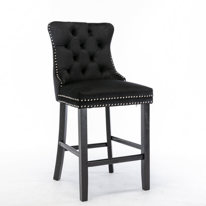 Braneit™ Set of 2 Velvet Bar Stools – Tufted Dining Chairs with Stud Trim & Wooden Legs