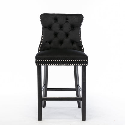 Braneit™ Set of 2 Velvet Bar Stools – Tufted Dining Chairs with Stud Trim & Wooden Legs