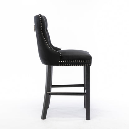 Braneit™ Set of 2 Velvet Bar Stools – Tufted Dining Chairs with Stud Trim & Wooden Legs