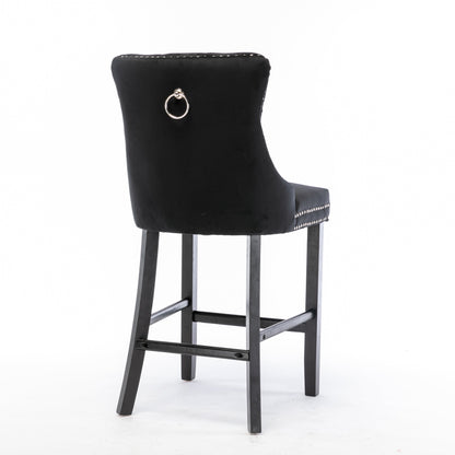 Braneit™ Set of 2 Velvet Bar Stools – Tufted Dining Chairs with Stud Trim & Wooden Legs
