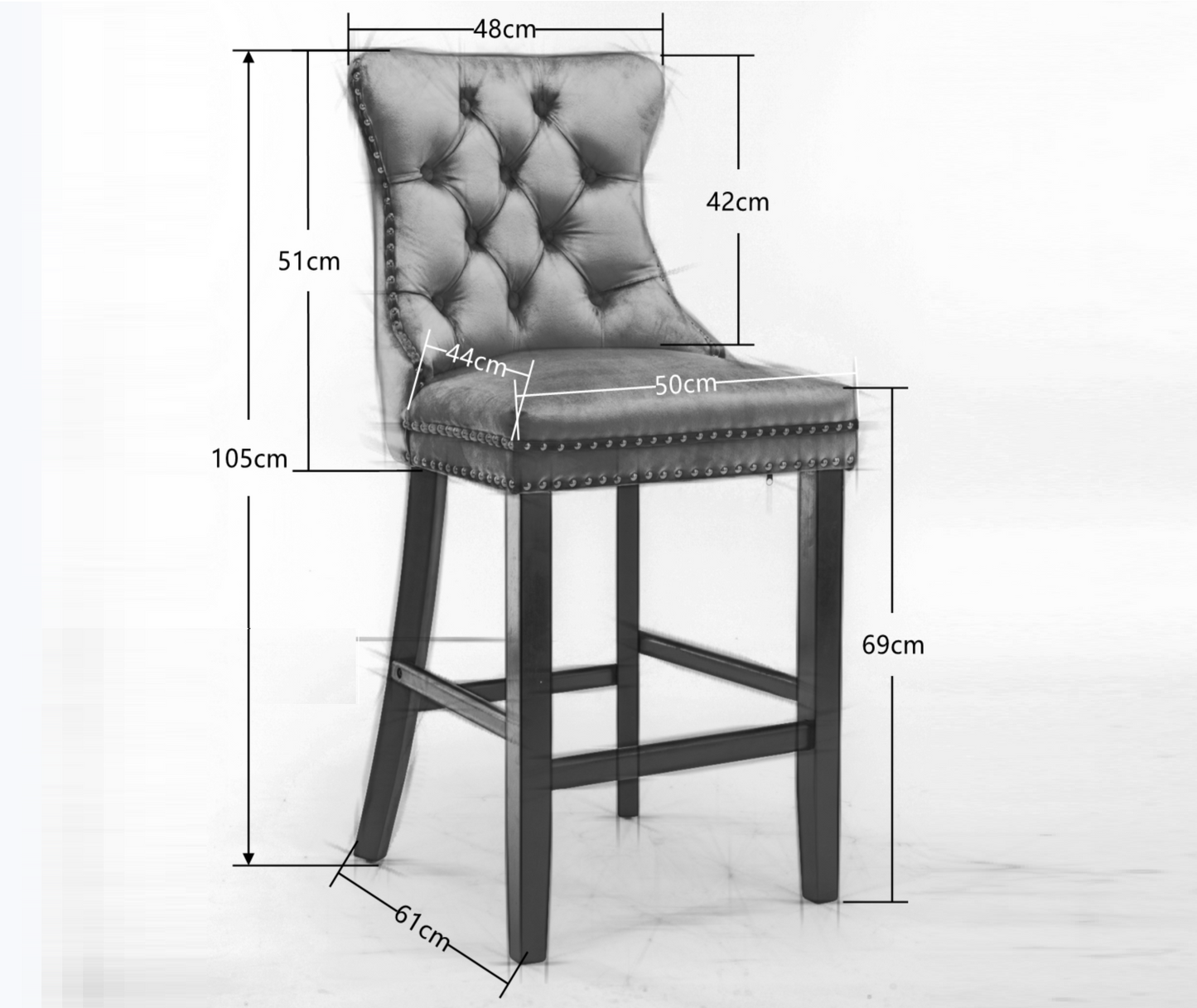 Braneit™ Set of 2 Velvet Bar Stools – Tufted Dining Chairs with Stud Trim & Wooden Legs