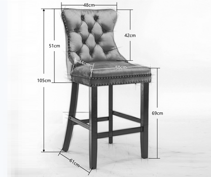 Braneit™ Set of 2 Velvet Bar Stools – Tufted Dining Chairs with Stud Trim & Wooden Legs