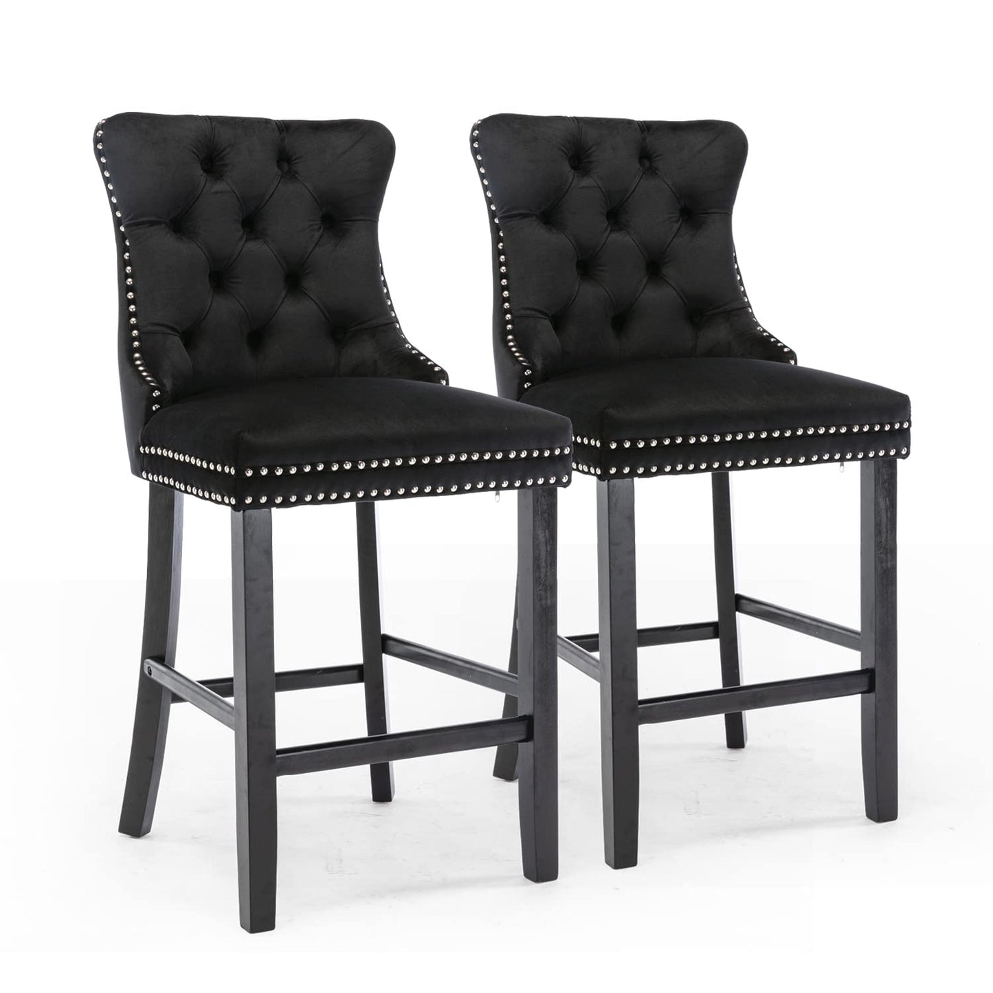 Braneit™ Set of 2 Velvet Bar Stools – Tufted Dining Chairs with Stud Trim & Wooden Legs
