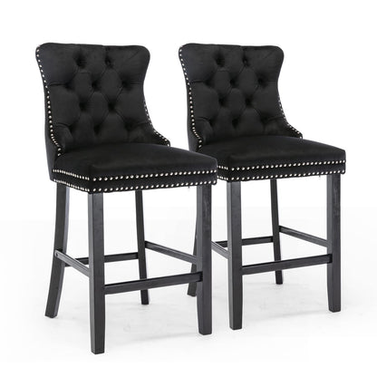 Braneit™ Set of 2 Velvet Bar Stools – Tufted Dining Chairs with Stud Trim & Wooden Legs
