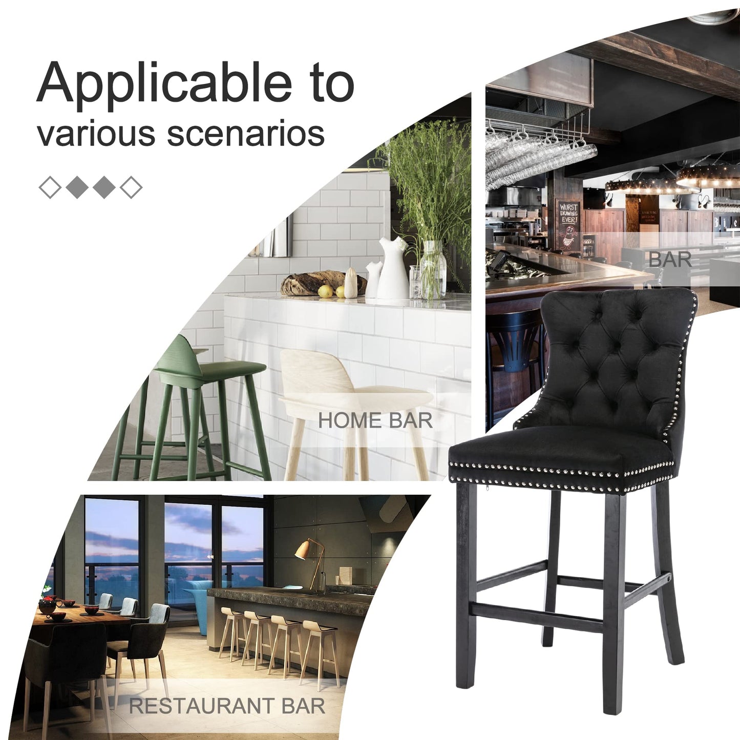 Braneit™ Set of 2 Velvet Bar Stools – Tufted Dining Chairs with Stud Trim & Wooden Legs