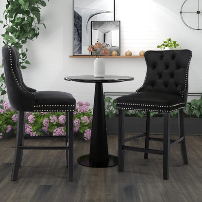 Braneit™ Set of 2 Velvet Bar Stools – Tufted Dining Chairs with Stud Trim & Wooden Legs