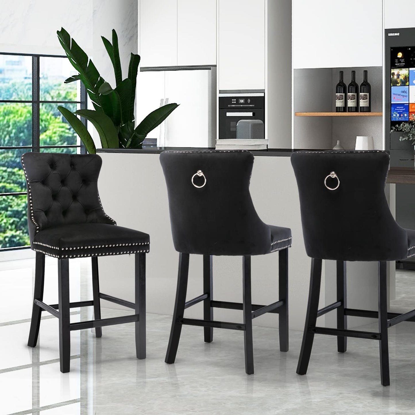 Braneit™ Set of 2 Velvet Bar Stools – Tufted Dining Chairs with Stud Trim & Wooden Legs