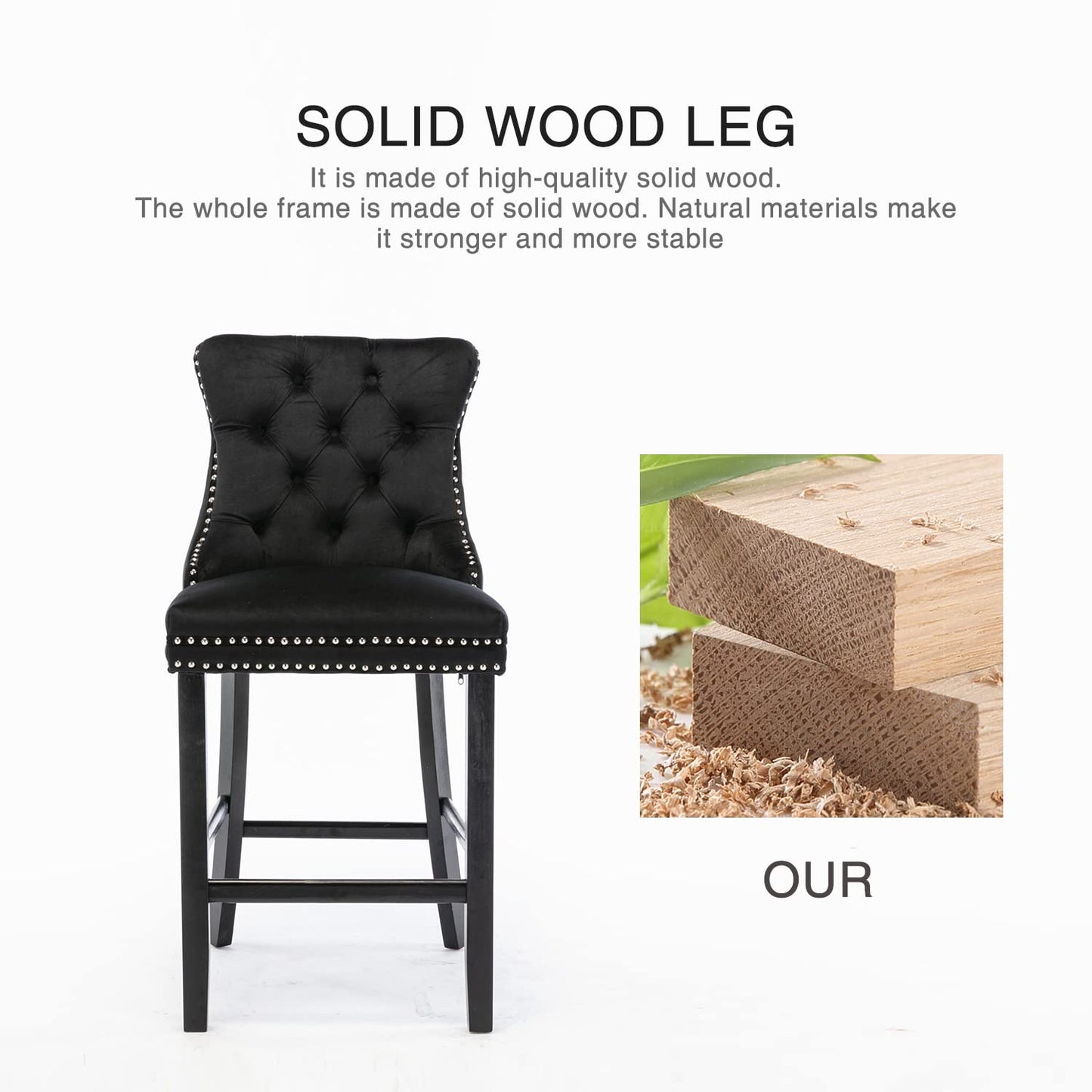 Braneit™ Set of 2 Velvet Bar Stools – Tufted Dining Chairs with Stud Trim & Wooden Legs