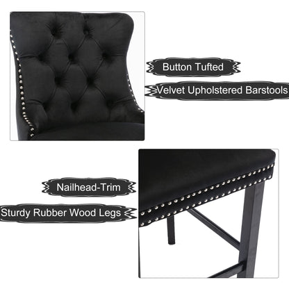 Braneit™ Set of 2 Velvet Bar Stools – Tufted Dining Chairs with Stud Trim & Wooden Legs