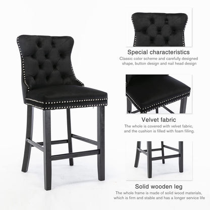 Braneit™ Set of 2 Velvet Bar Stools – Tufted Dining Chairs with Stud Trim & Wooden Legs