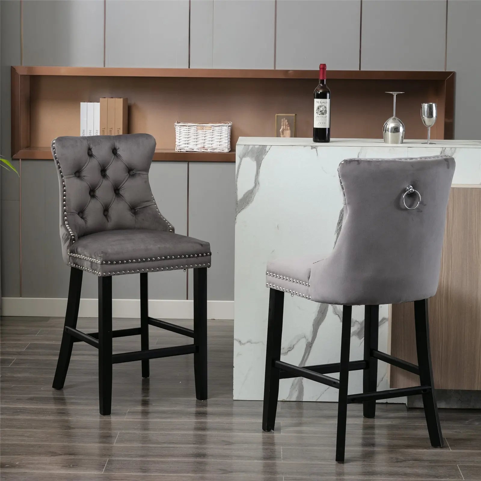 Braneit™ Set of 2 Velvet Bar Stools – Tufted Kitchen Chairs with Stud Trim & Wooden Legs