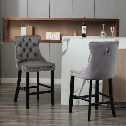 Braneit™ Set of 2 Velvet Bar Stools – Tufted Kitchen Chairs with Stud Trim & Wooden Legs