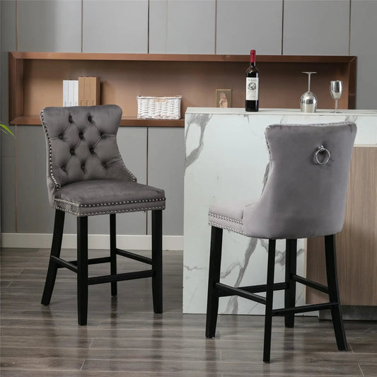 Braneit™ Set of 2 Velvet Bar Stools – Tufted Kitchen Chairs with Stud Trim & Wooden Legs