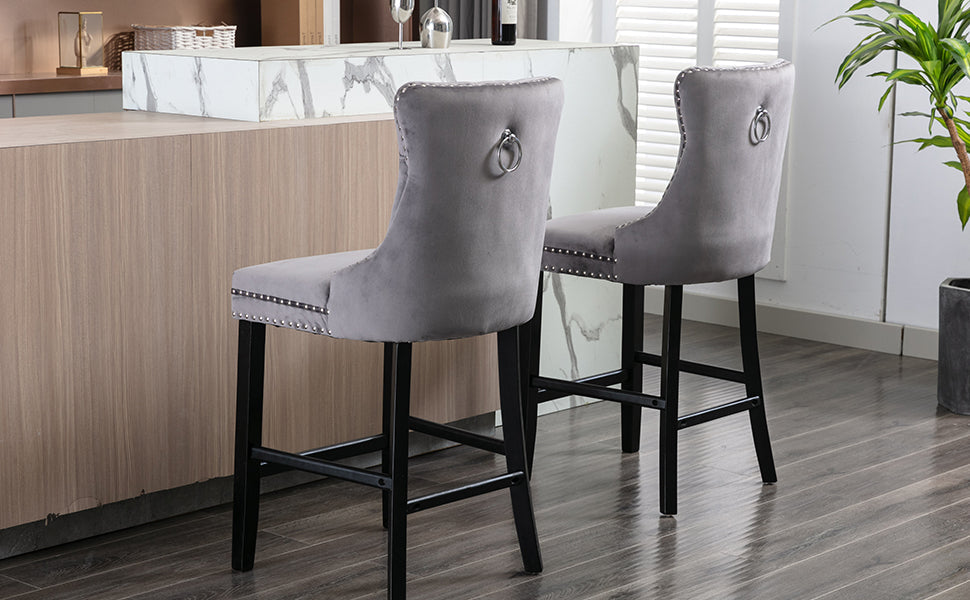 Braneit™ Set of 2 Velvet Bar Stools – Tufted Kitchen Chairs with Stud Trim & Wooden Legs