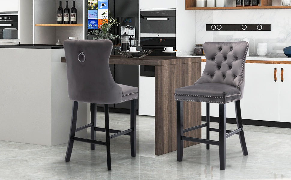 Braneit™ Set of 2 Velvet Bar Stools – Tufted Kitchen Chairs with Stud Trim & Wooden Legs