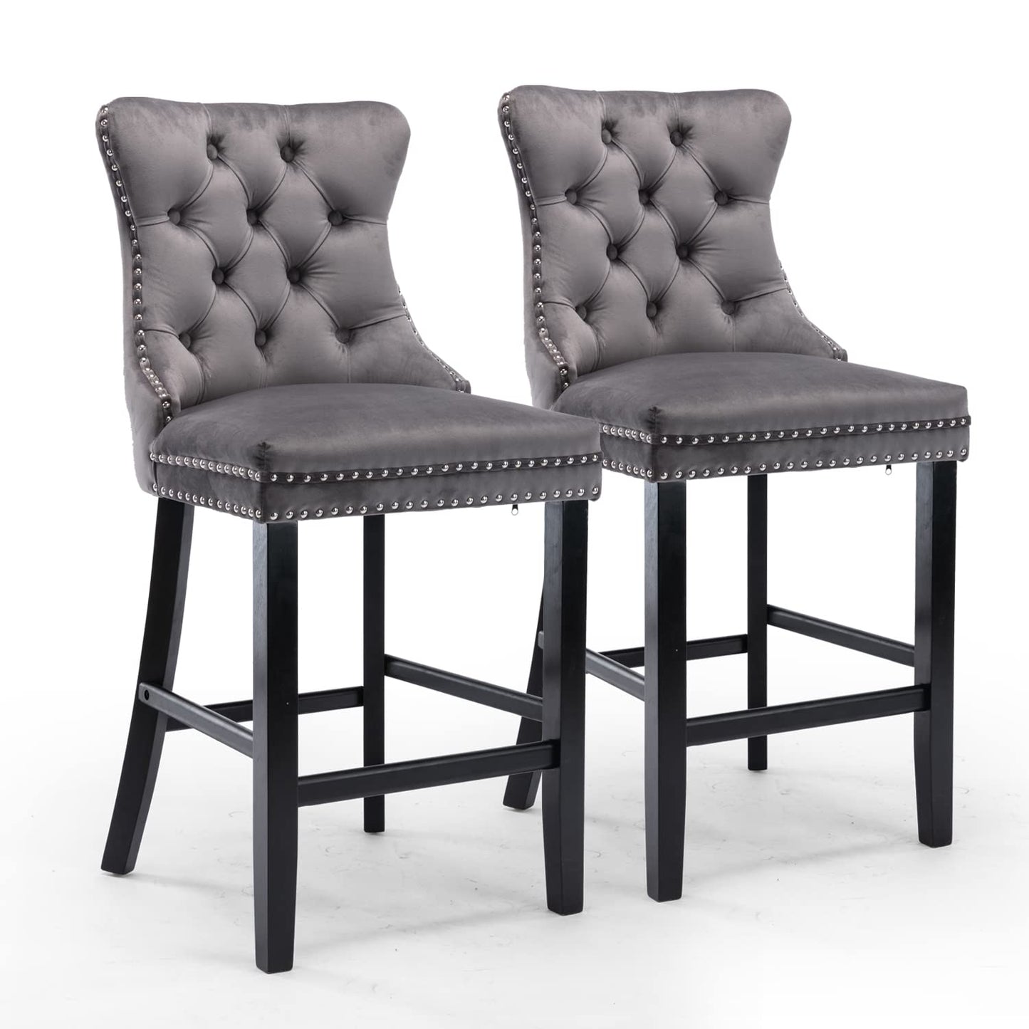 Braneit™ Set of 2 Velvet Bar Stools – Tufted Kitchen Chairs with Stud Trim & Wooden Legs