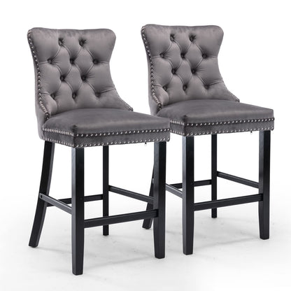 Braneit™ Set of 2 Velvet Bar Stools – Tufted Kitchen Chairs with Stud Trim & Wooden Legs