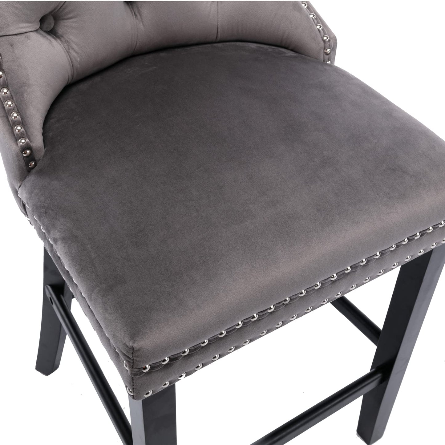 Braneit™ Set of 2 Velvet Bar Stools – Tufted Kitchen Chairs with Stud Trim & Wooden Legs