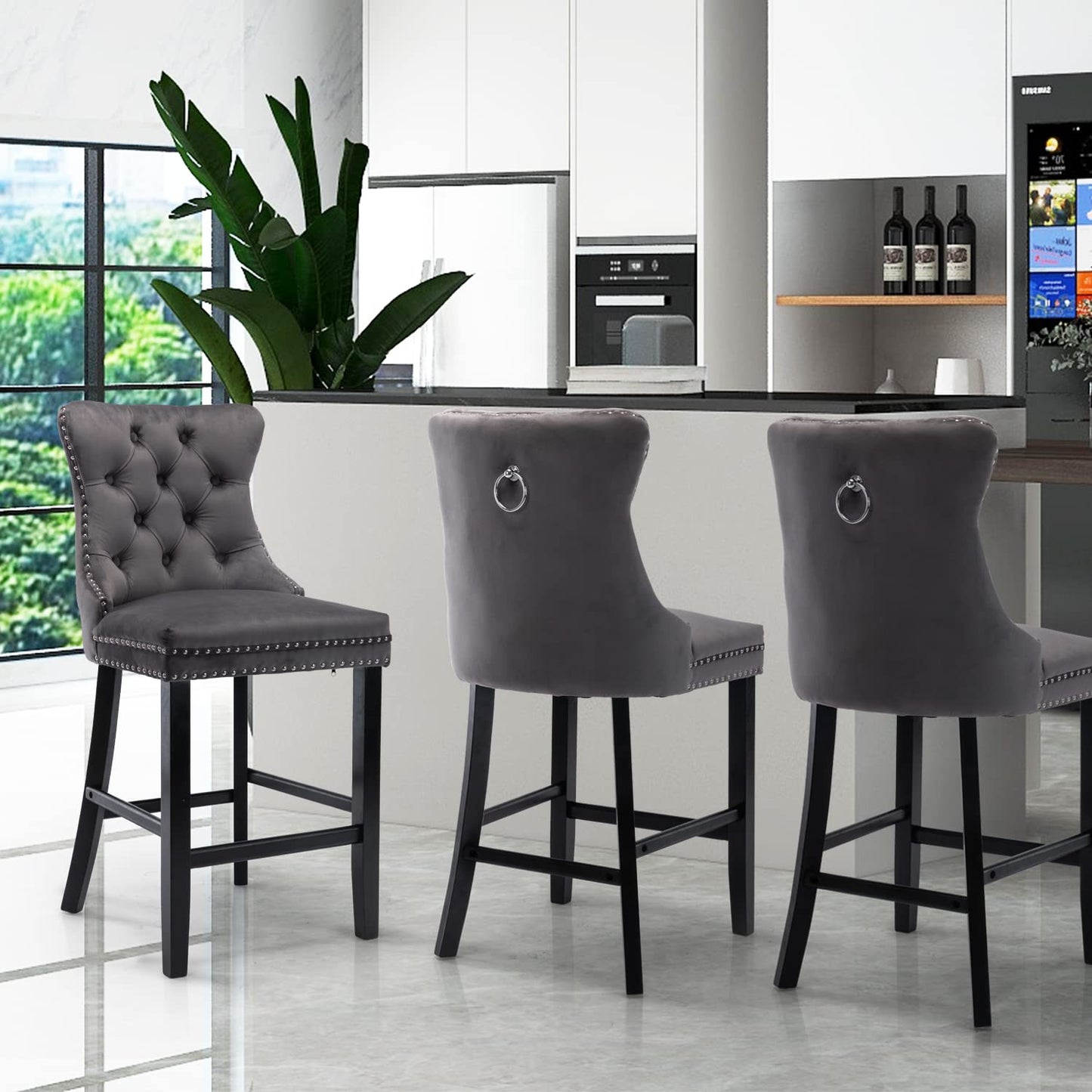 Braneit™ Set of 2 Velvet Bar Stools – Tufted Kitchen Chairs with Stud Trim & Wooden Legs