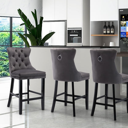 Braneit™ Set of 2 Velvet Bar Stools – Tufted Kitchen Chairs with Stud Trim & Wooden Legs