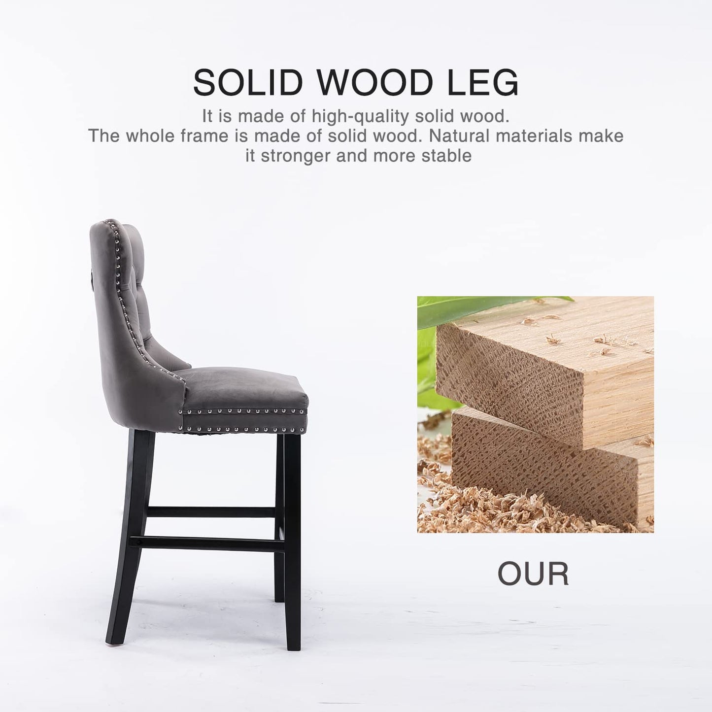 Braneit™ Set of 2 Velvet Bar Stools – Tufted Kitchen Chairs with Stud Trim & Wooden Legs