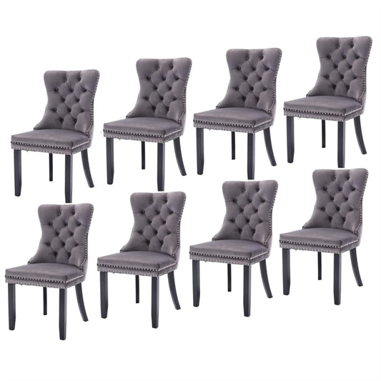Braneit™ Set of 8 Velvet Tufted Dining Chairs – Grey Upholstered with Wood Legs & Stud Trim