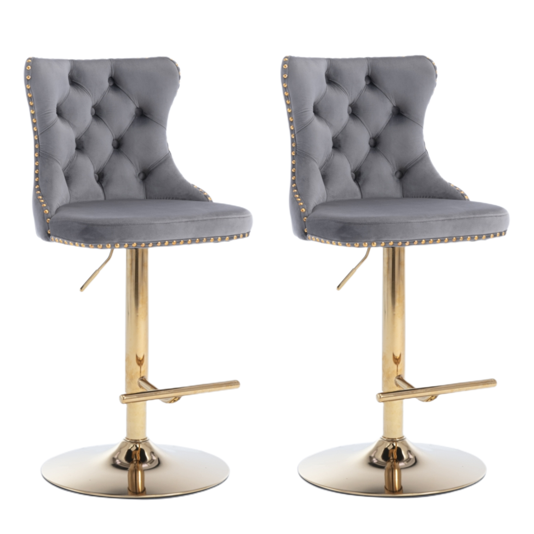 Braneit™ 2x Height Adjustable Swivel Bar Stool Velvet Studs Barstool with Footrest and Golden Base- Grey