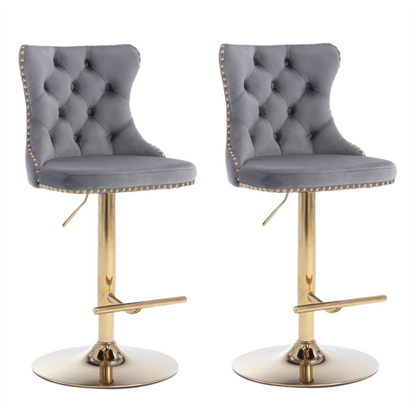 Braneit™ 2x Height Adjustable Swivel Bar Stool Velvet Studs Barstool with Footrest and Golden Base- Grey