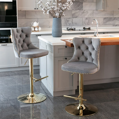 Braneit™ 2x Height Adjustable Swivel Bar Stool Velvet Studs Barstool with Footrest and Golden Base- Grey