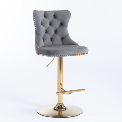 Braneit™ 2x Height Adjustable Swivel Bar Stool Velvet Studs Barstool with Footrest and Golden Base- Grey