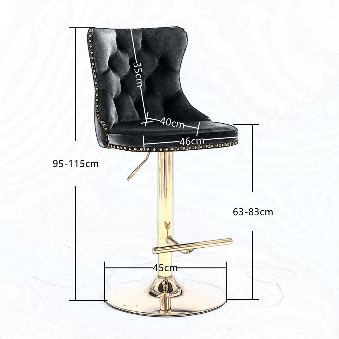 Braneit™ 2x Height Adjustable Swivel Bar Stool Velvet Studs Barstool with Footrest and Golden Base- Grey
